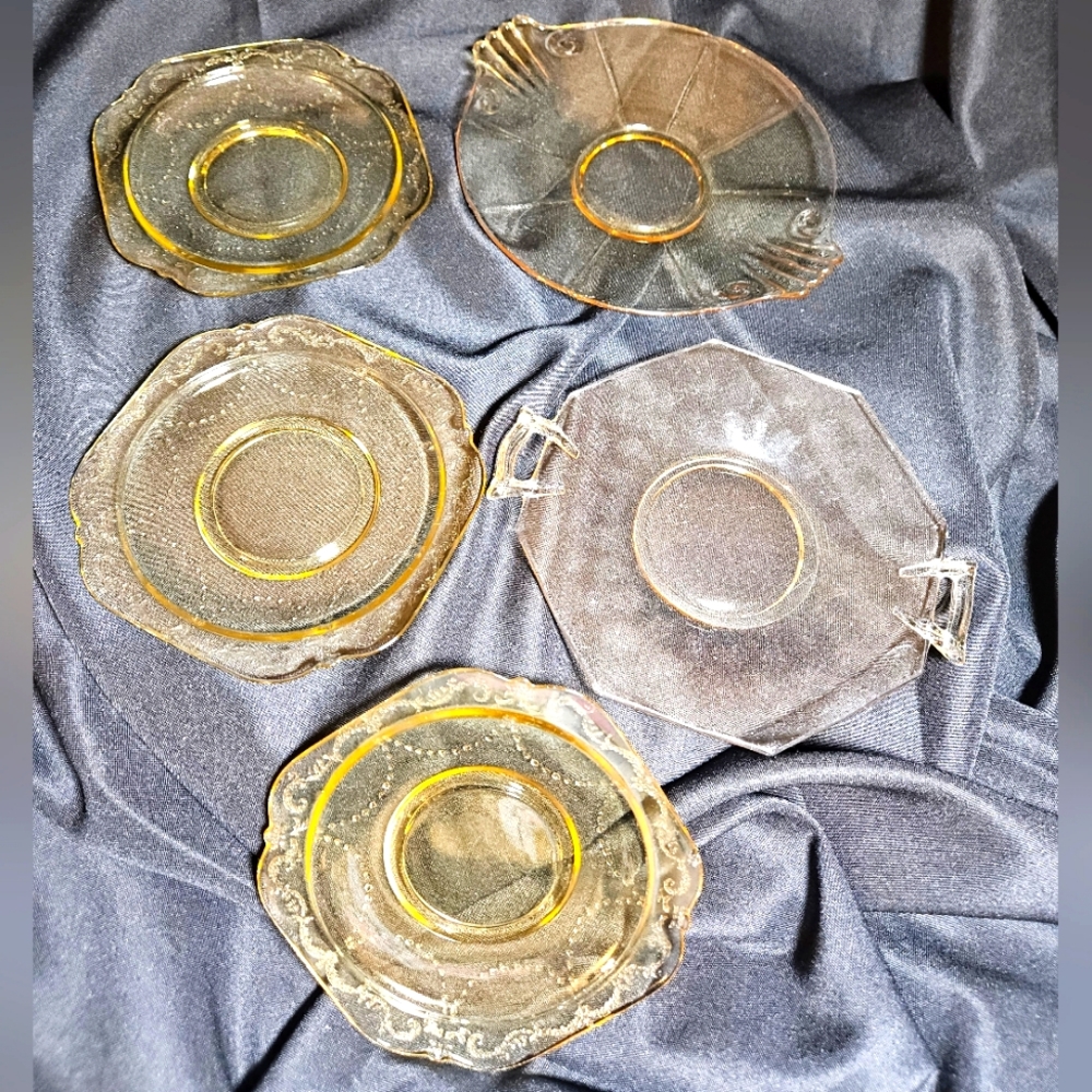 5 pc mixed bundle vintage Fostoria topaz yellow scalloped edge serving dishes